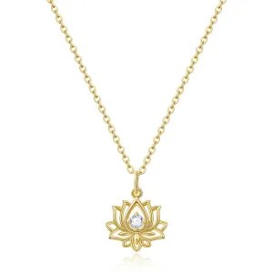 14K Gold Plated Yoga Floral Pendant Necklace with Message Card- Single Diamond Lotus