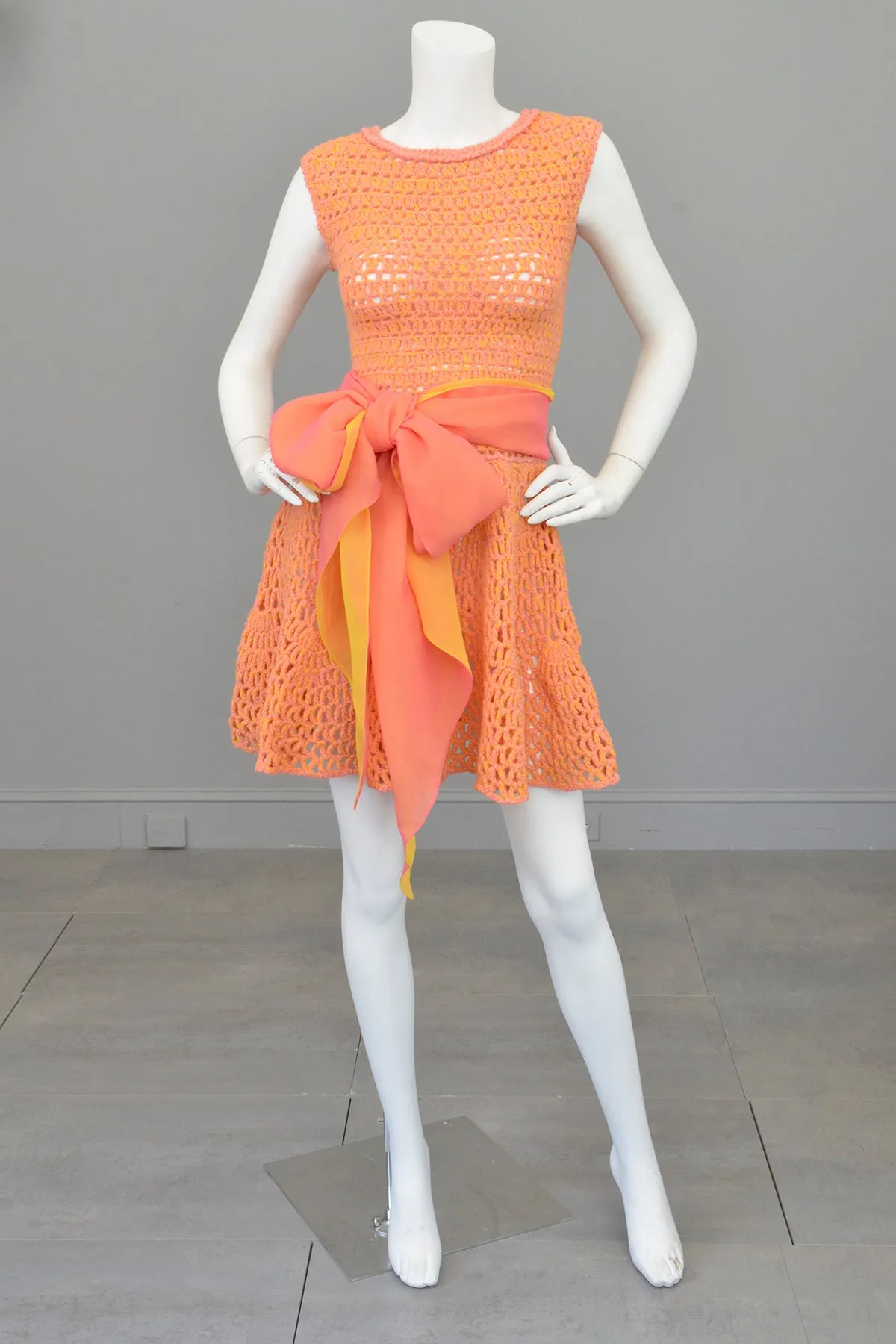 1960s 70s Pink   Yellow = Orange Yarn Crochet Mini Dress