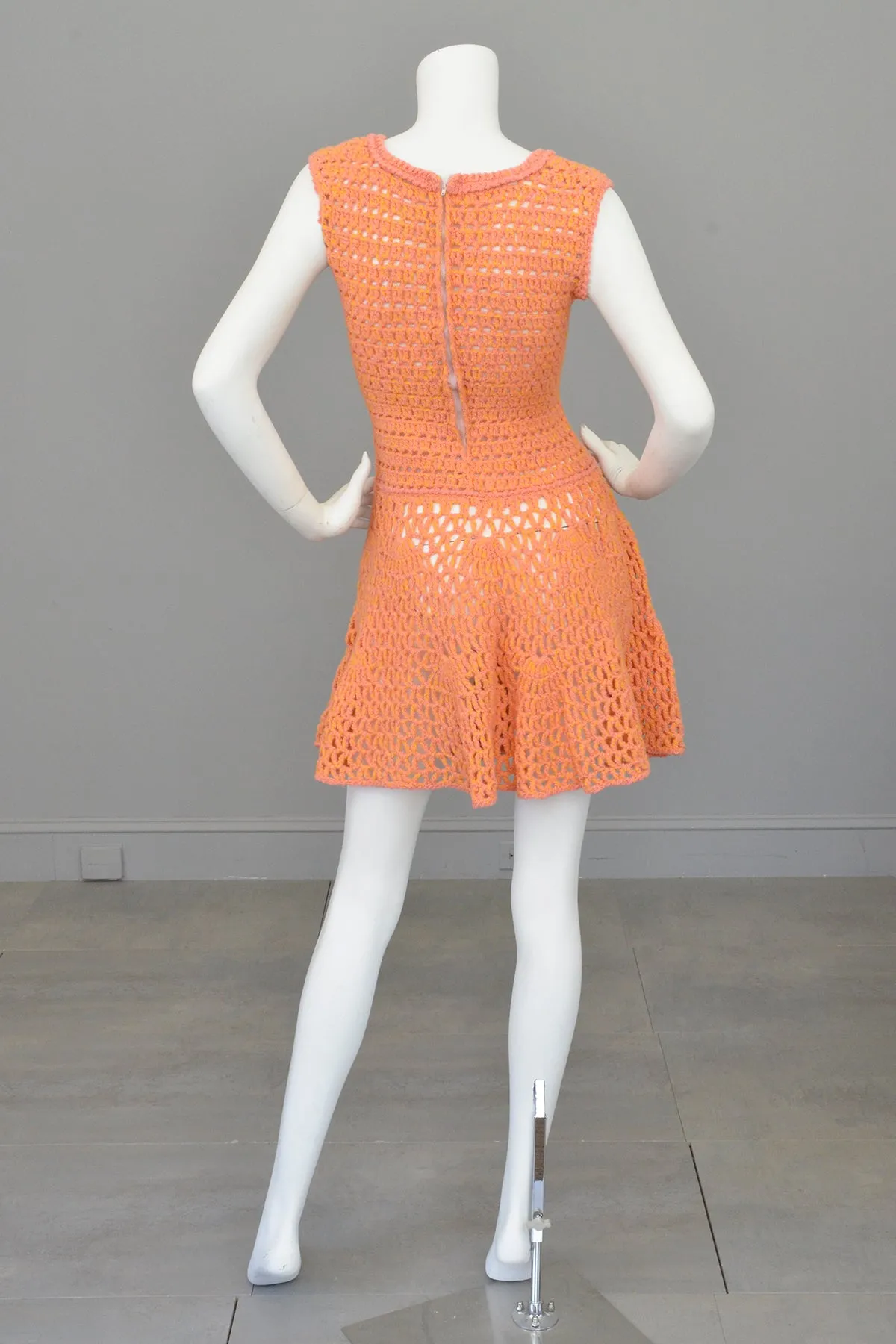 1960s 70s Pink   Yellow = Orange Yarn Crochet Mini Dress