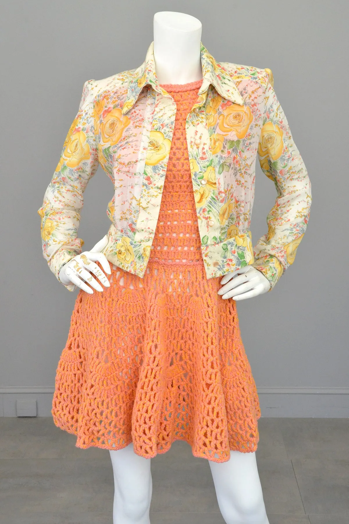 1960s 70s Pink   Yellow = Orange Yarn Crochet Mini Dress