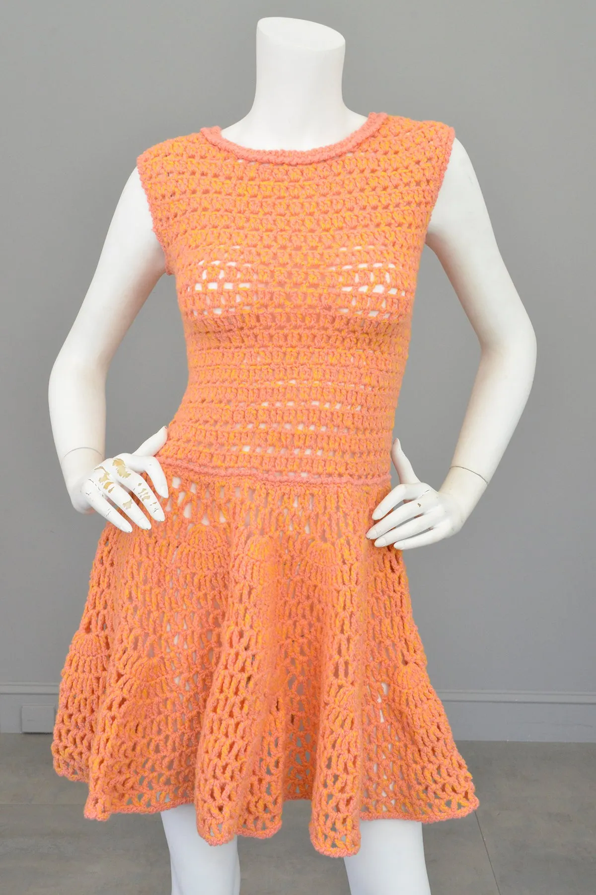 1960s 70s Pink   Yellow = Orange Yarn Crochet Mini Dress