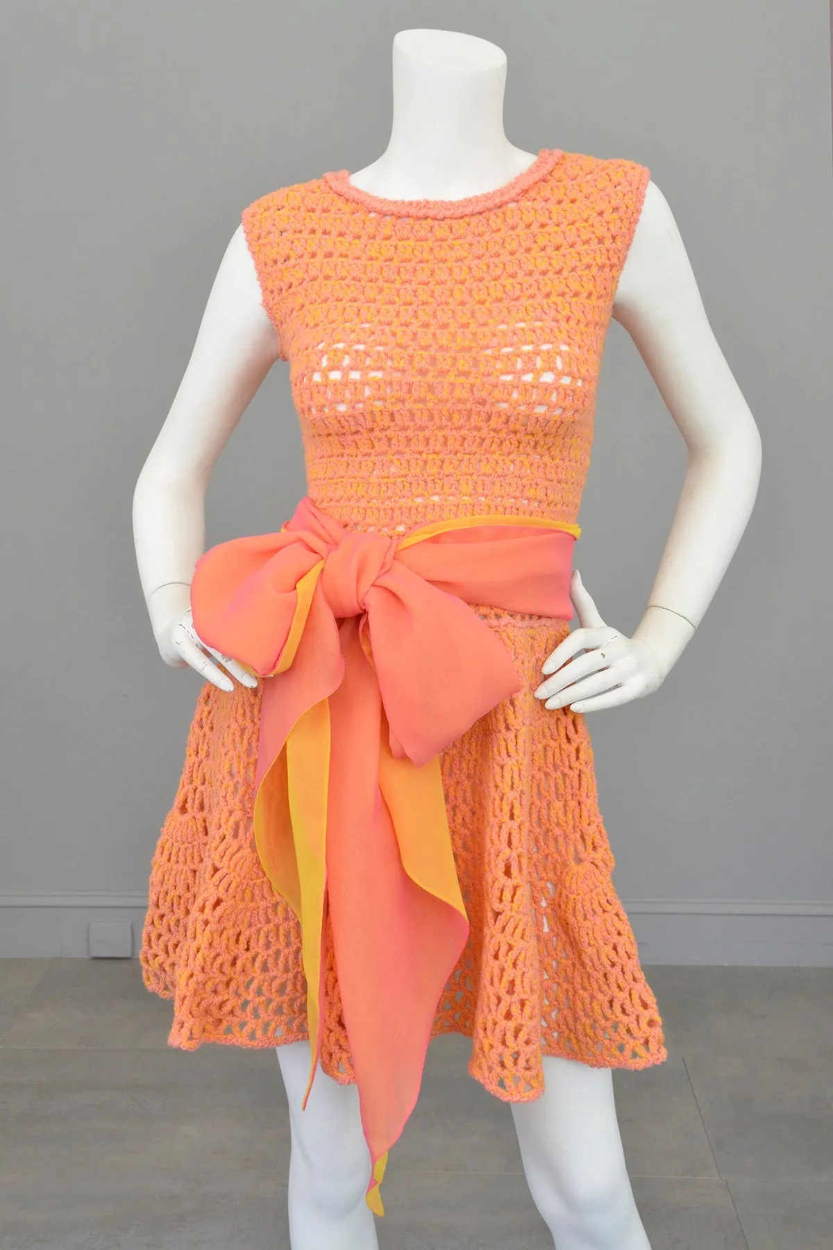 1960s 70s Pink   Yellow = Orange Yarn Crochet Mini Dress