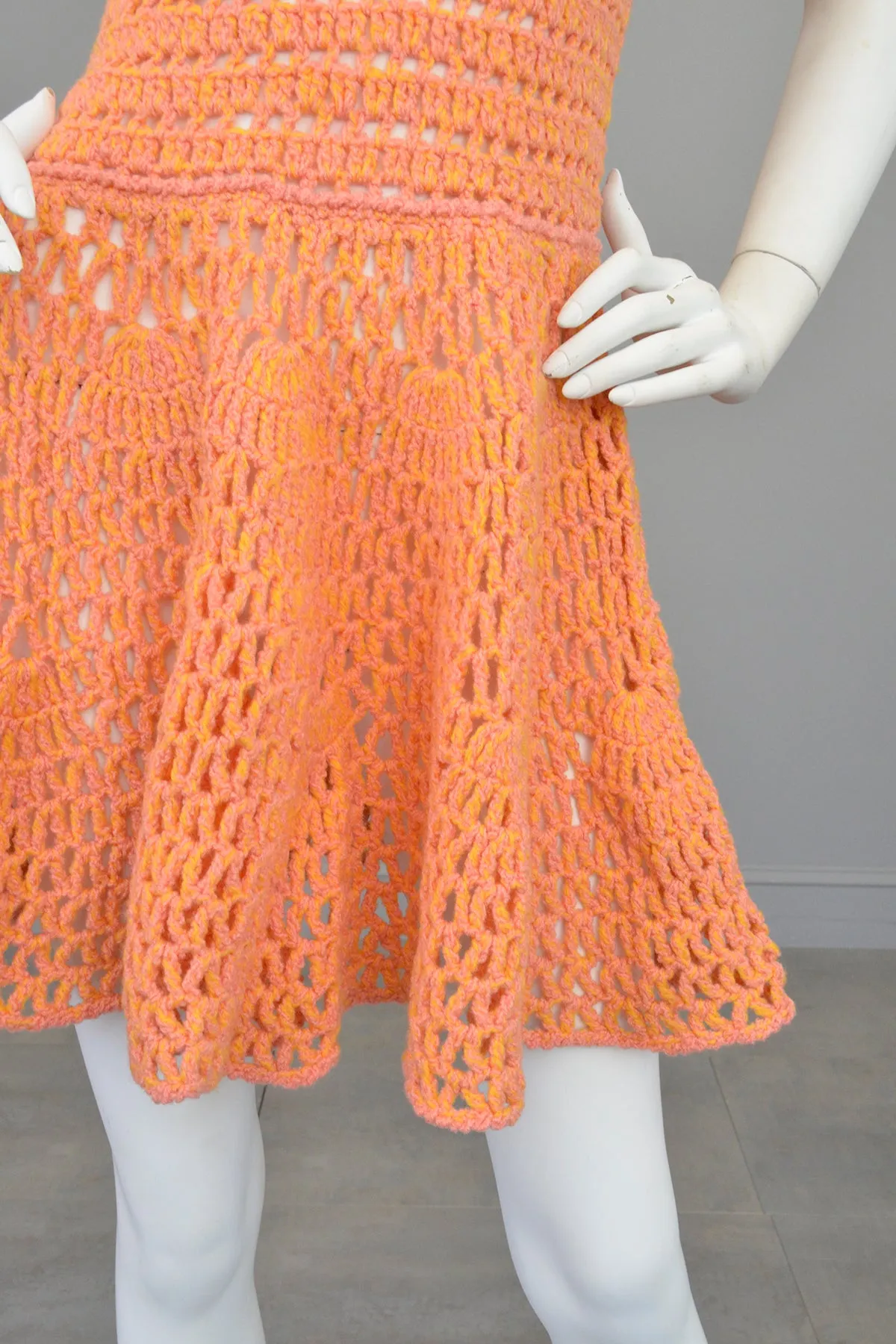 1960s 70s Pink   Yellow = Orange Yarn Crochet Mini Dress