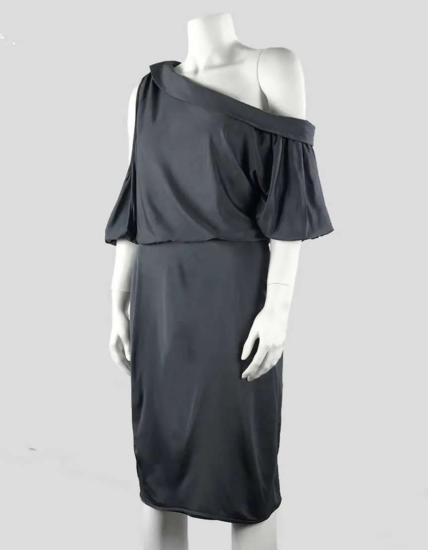 Black Halo Grey To The Knee Bayou Neck Dress With Cut Out On Right Shoulder Size Medium