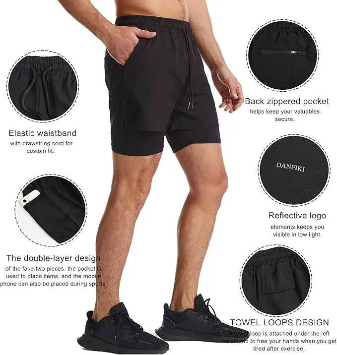 Danfiki Men Running Shorts Men's Shorts Workout with Phone Pocket 2 in 1 Gym Training Shorts Lightweight Quick Drying