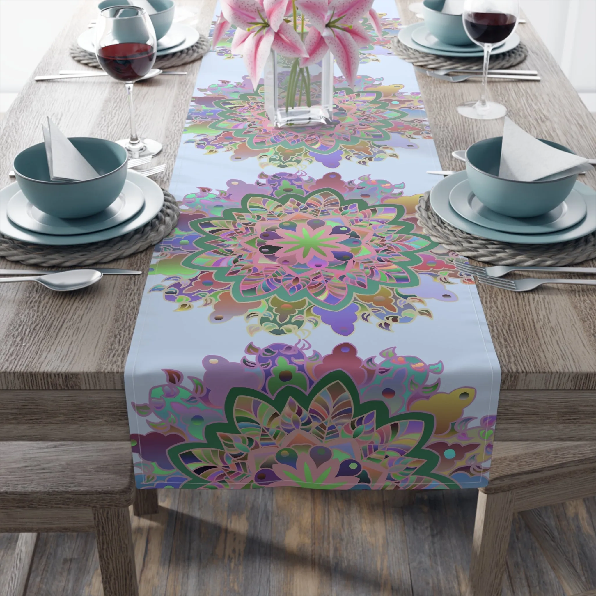 Hand-Drawn Mandala Art Table Runner - Light Blue