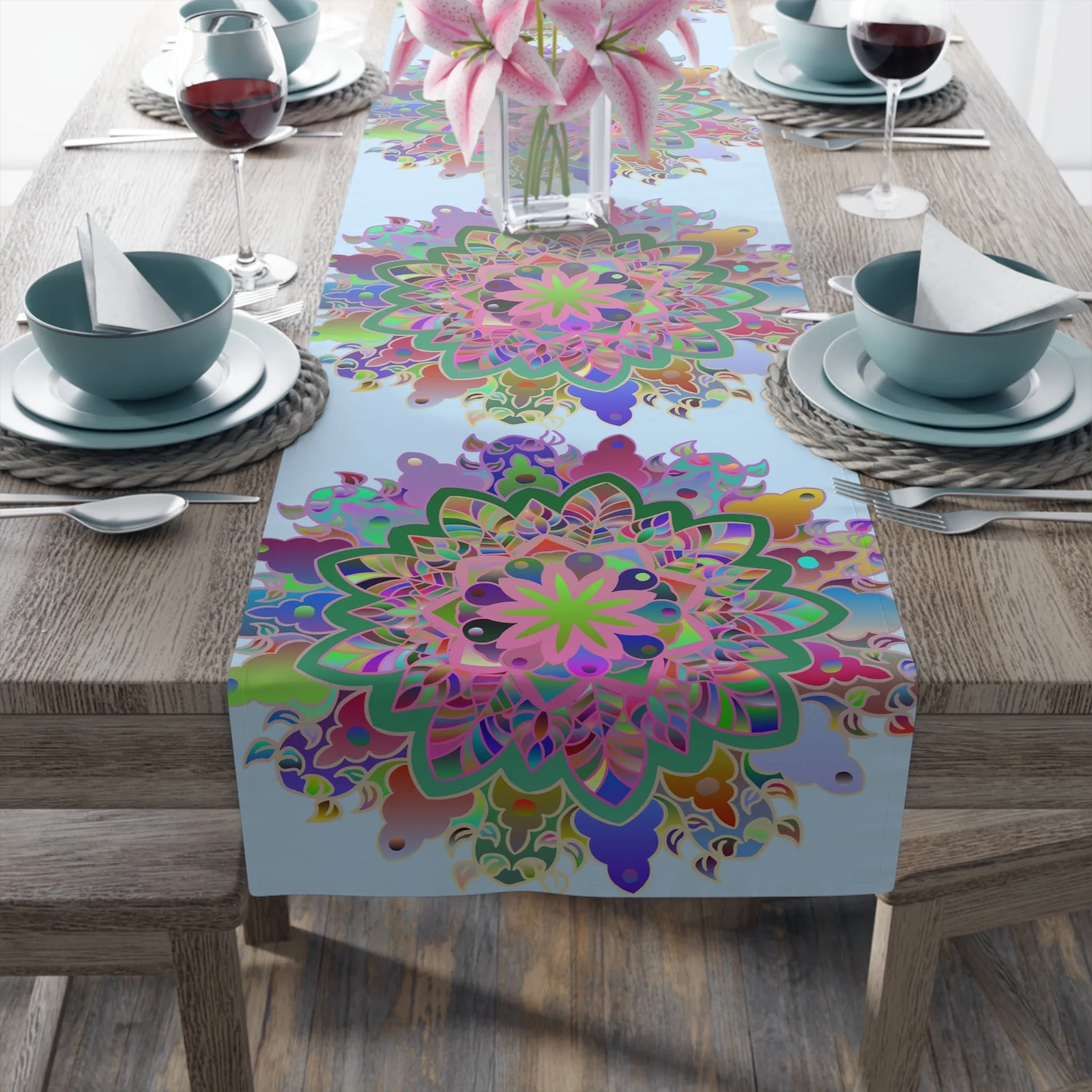 Hand-Drawn Mandala Art Table Runner - Light Blue