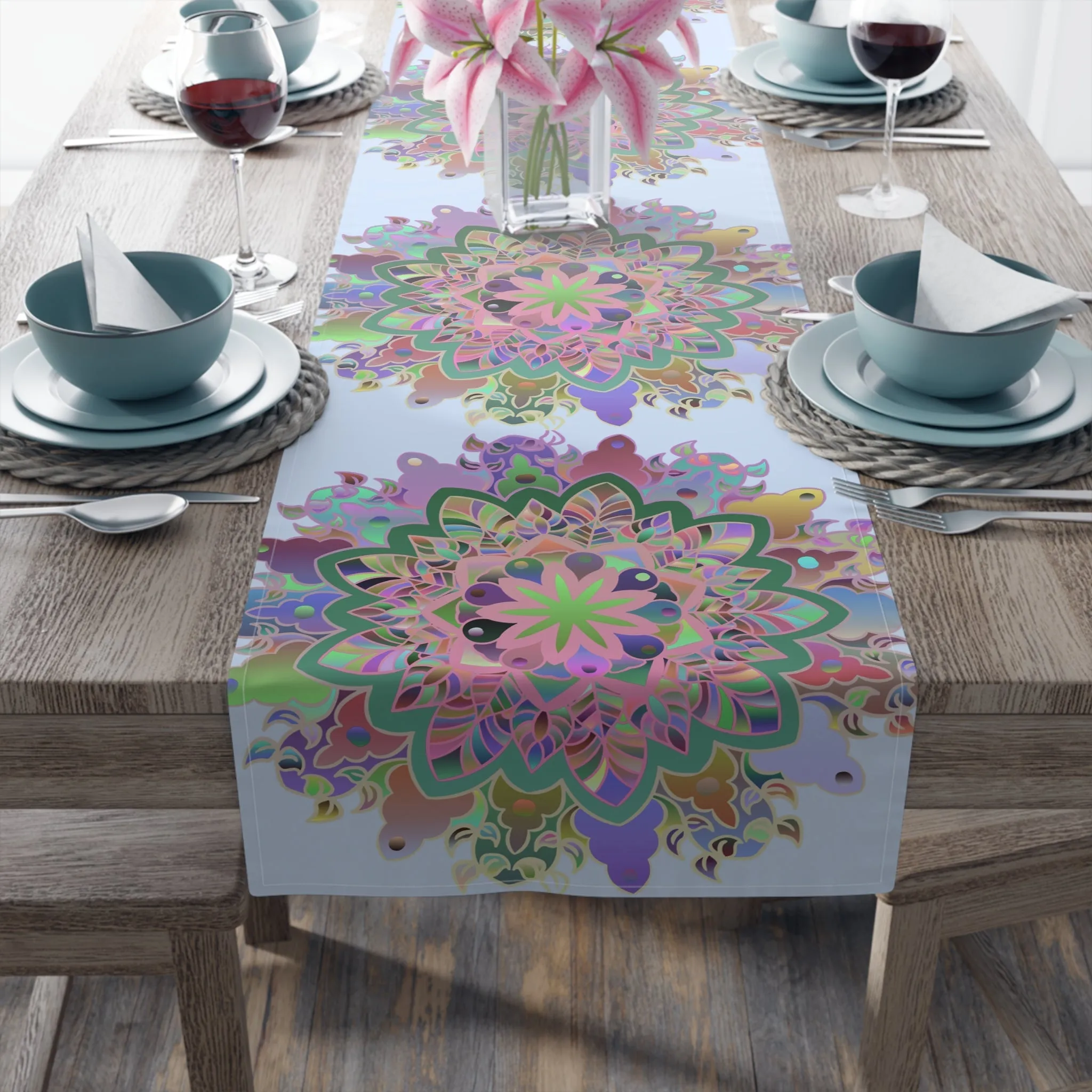 Hand-Drawn Mandala Art Table Runner - Light Blue