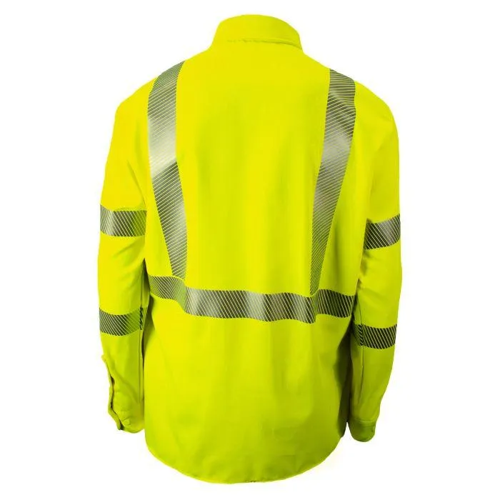 Hi-Vis Utility Work Shirt - Fire (FR) and Arc Flash Resistant, Pockets, 2 in. Silver Segmented Reflective Trim, Type R Class 3 - National Safety Apparel