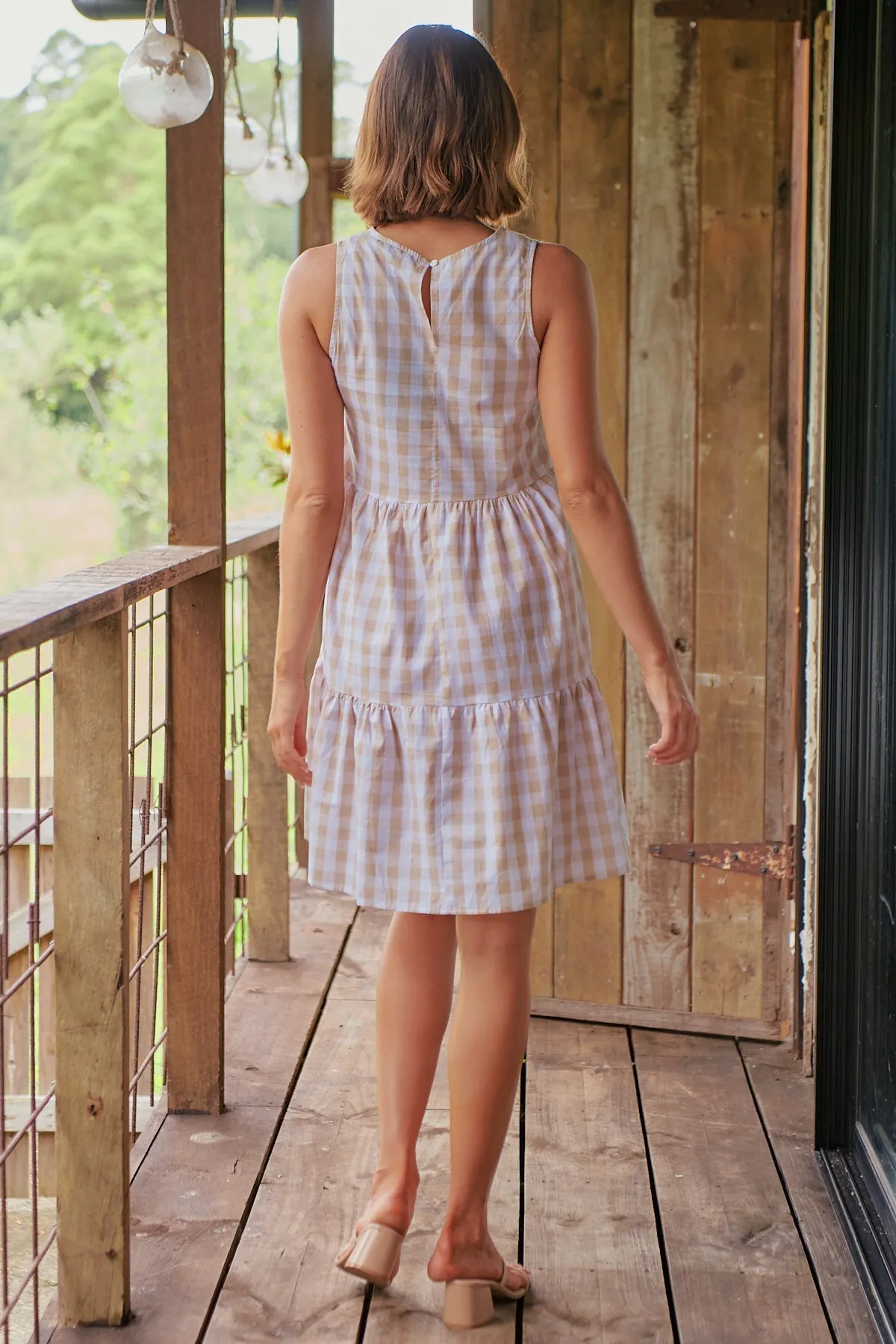 Jovie Sleeveless Gingham Beige Tiered Dress