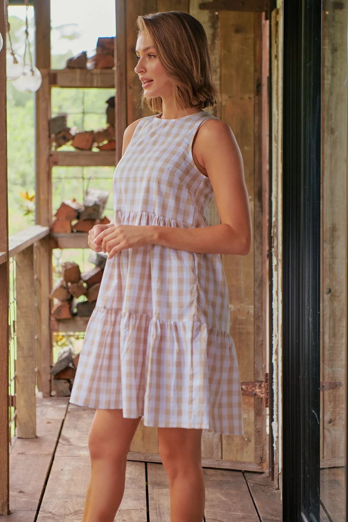 Jovie Sleeveless Gingham Beige Tiered Dress