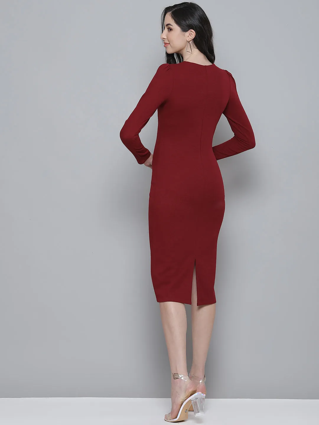 Maroon Rib Puff Sleeves Square Neck Bodycon Dress