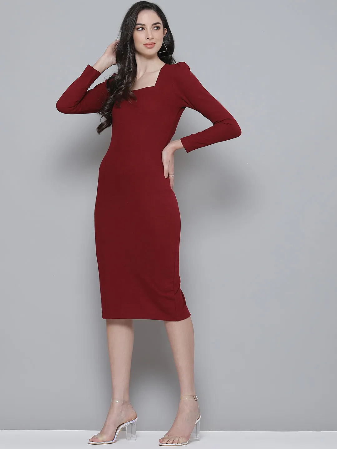 Maroon Rib Puff Sleeves Square Neck Bodycon Dress