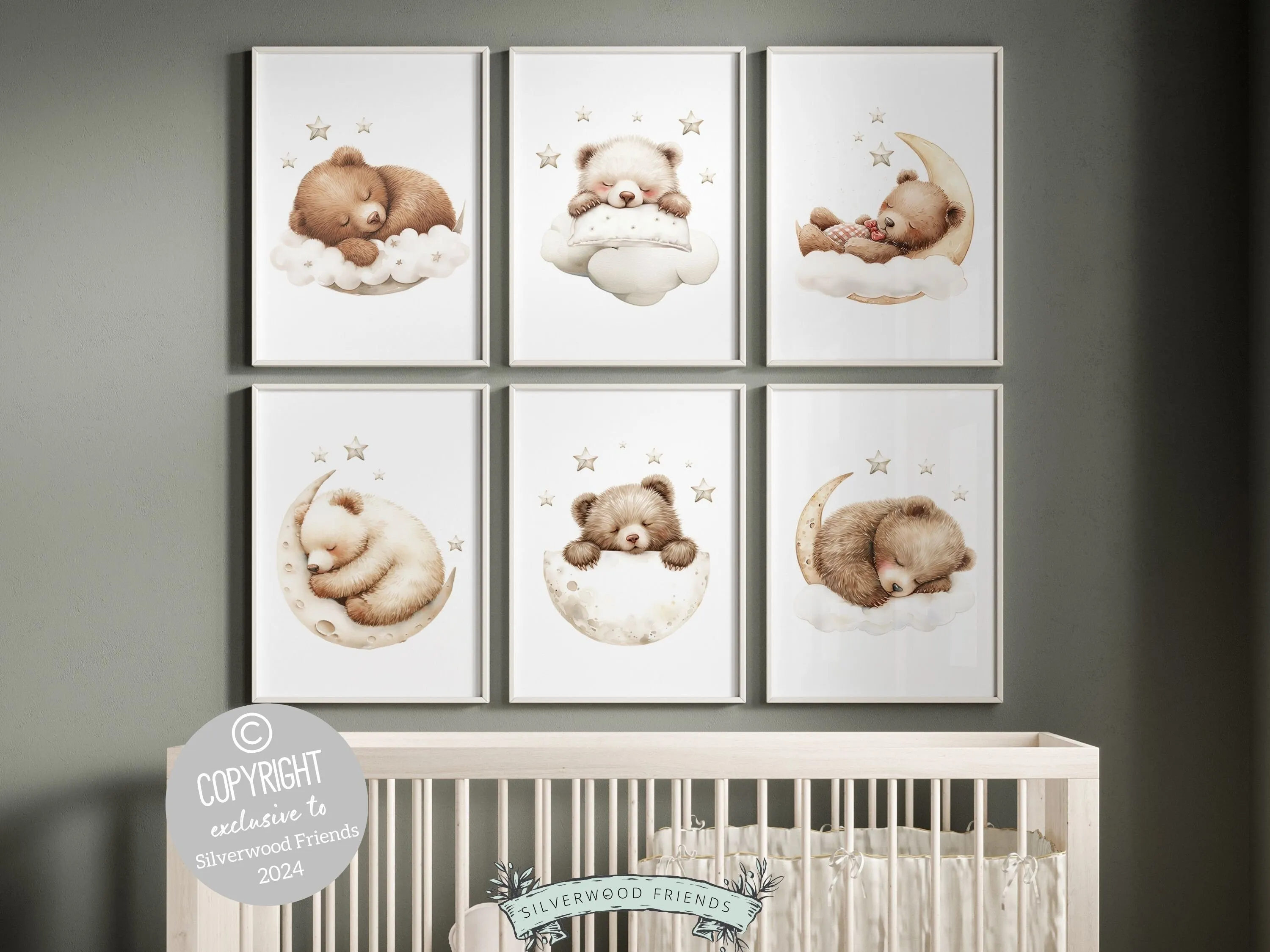 Sleepy Teddy Bear Nursery Prints - Set of 6