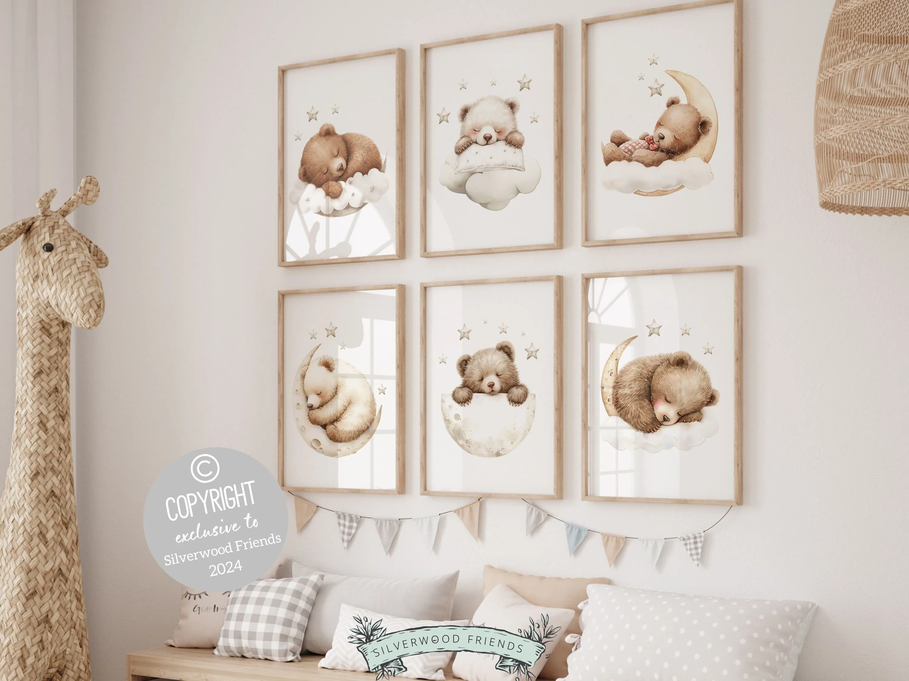 Sleepy Teddy Bear Nursery Prints - Set of 6