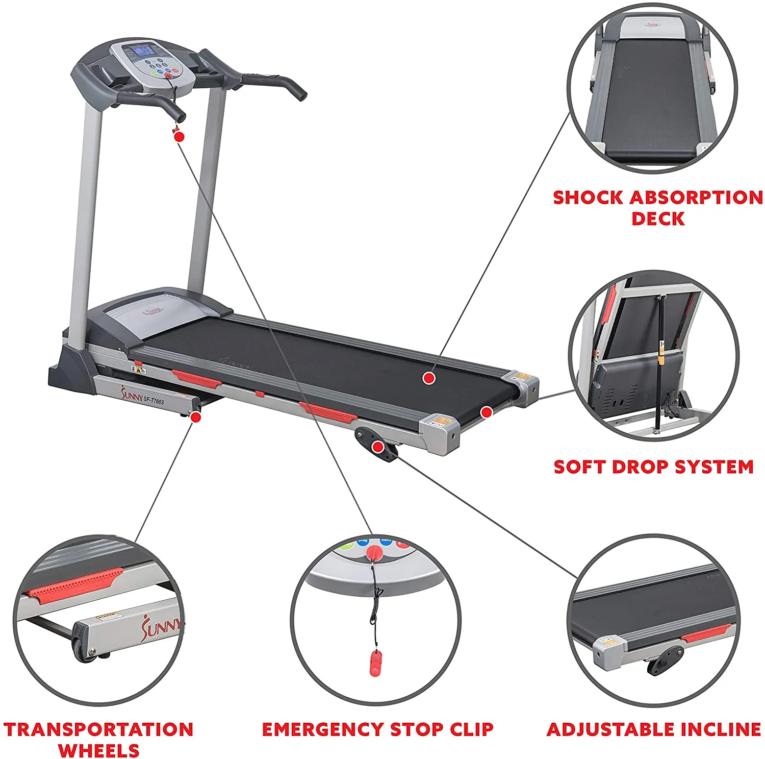 Sunny Health & Fitness SF-T7603 Electric Treadmill w/ 9 Programs, 3 Manual Incline, Easy Handrail Controls & Preset Button Speeds, Soft Drop System